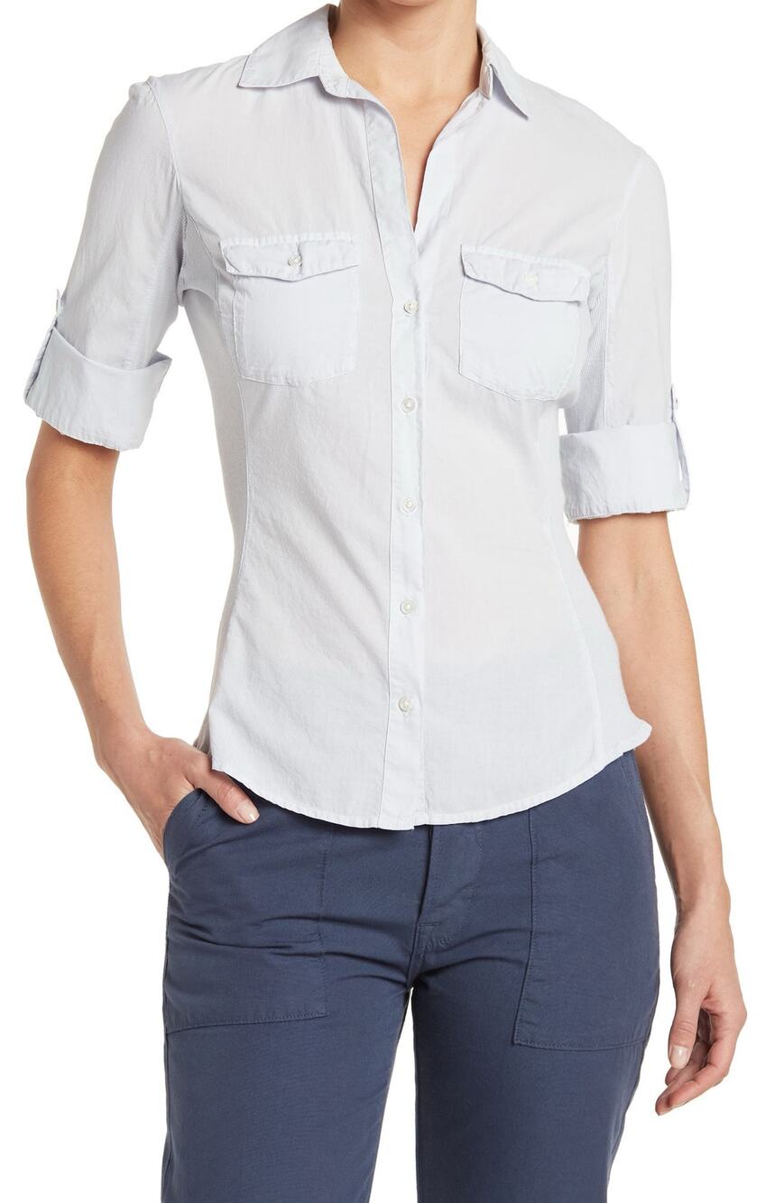 James Perse Womens 3 Large White Cotton Three-Quarter Sleeve Button-Up Shirt